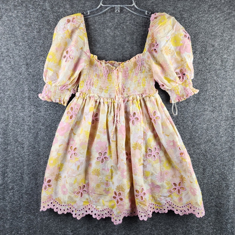 For Love & Lemons Mini Dress Womens S Floral Eyelet Pink Yellow Puff Sleeve EUC